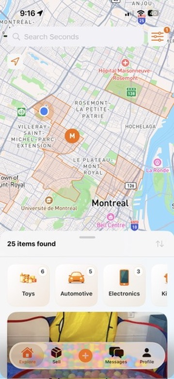 Seconds Explore view showing map-based browsing and a nearby item.