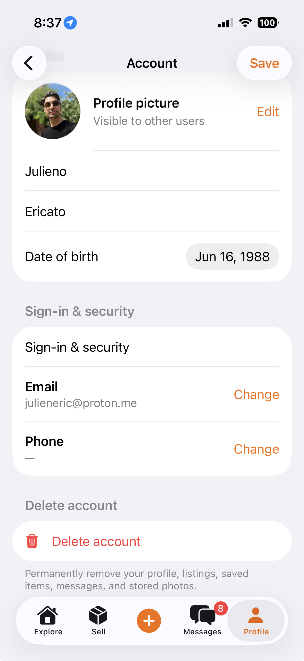 iOS screenshot showing the Delete Account option in Seconds settings.